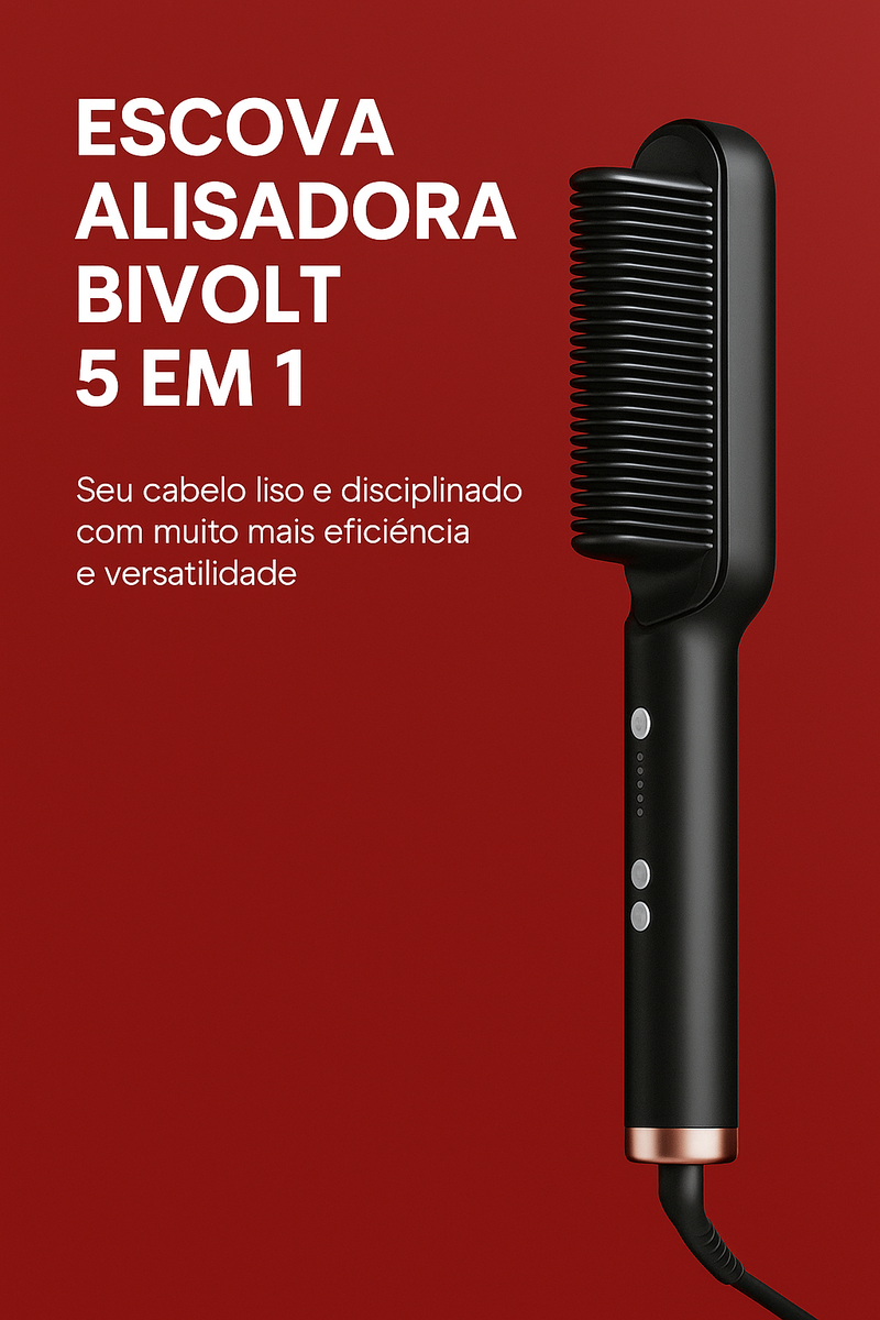 Escova Alisadora Bivolt 5 em 1 - Alisa, Hidrata, Modela, Alinha e Anti-Frizz