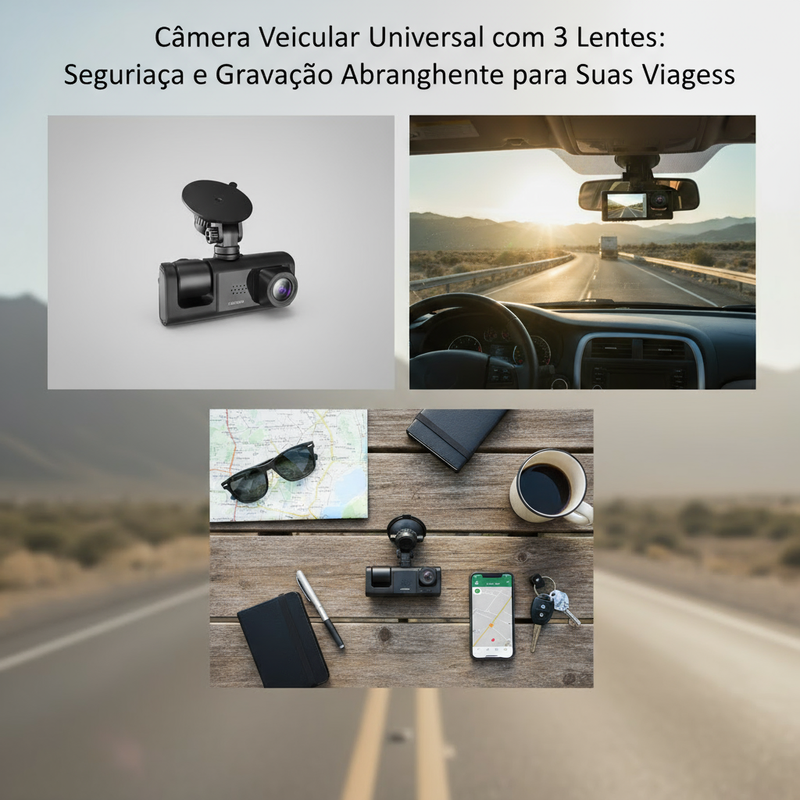 Câmera Veicular Universal com 3 Lentes - DashCam
