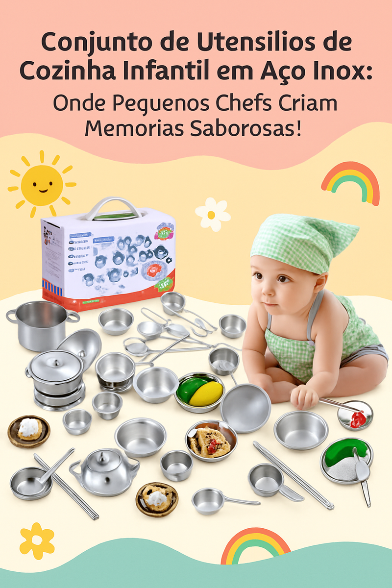 Conjunto de Utensílios de Cozinha Infantil em Aço Inox